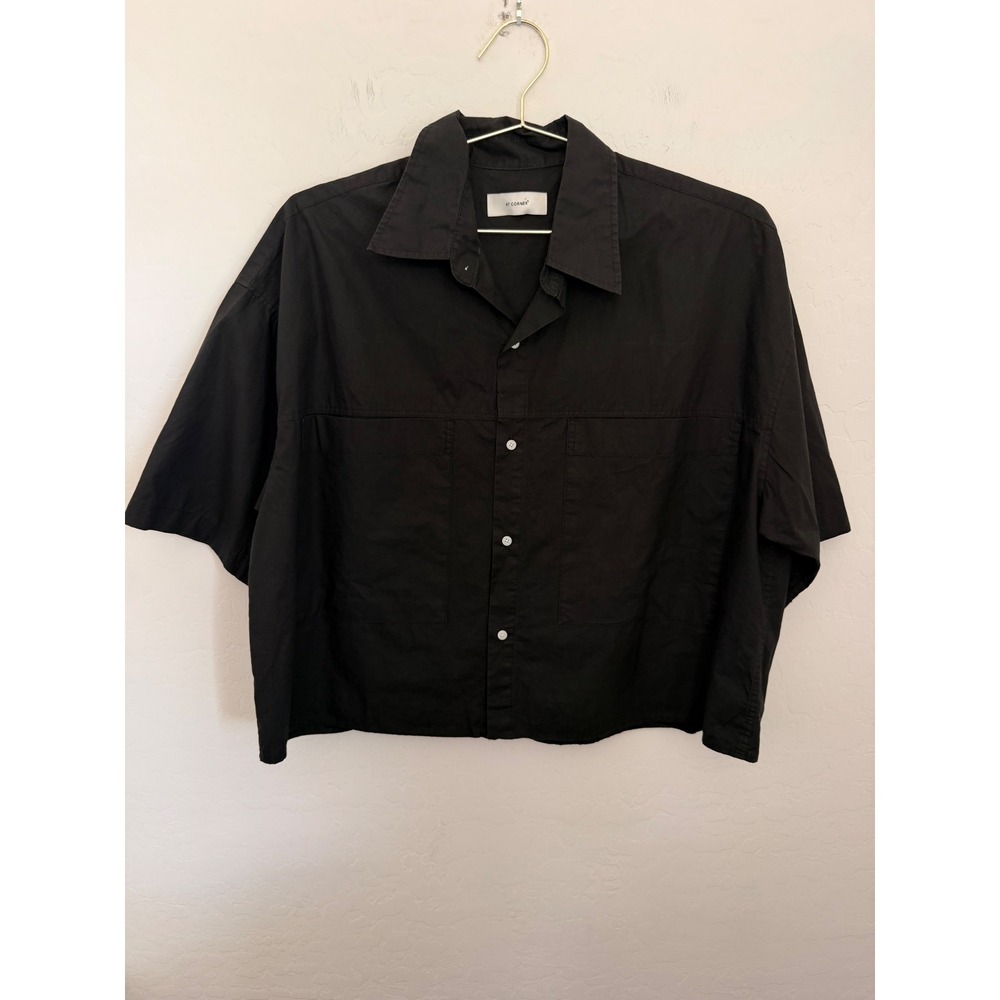 AT CORNER Seoul Black Short Sleeve Boxy Cropped Button Down Shirt Made in Korea